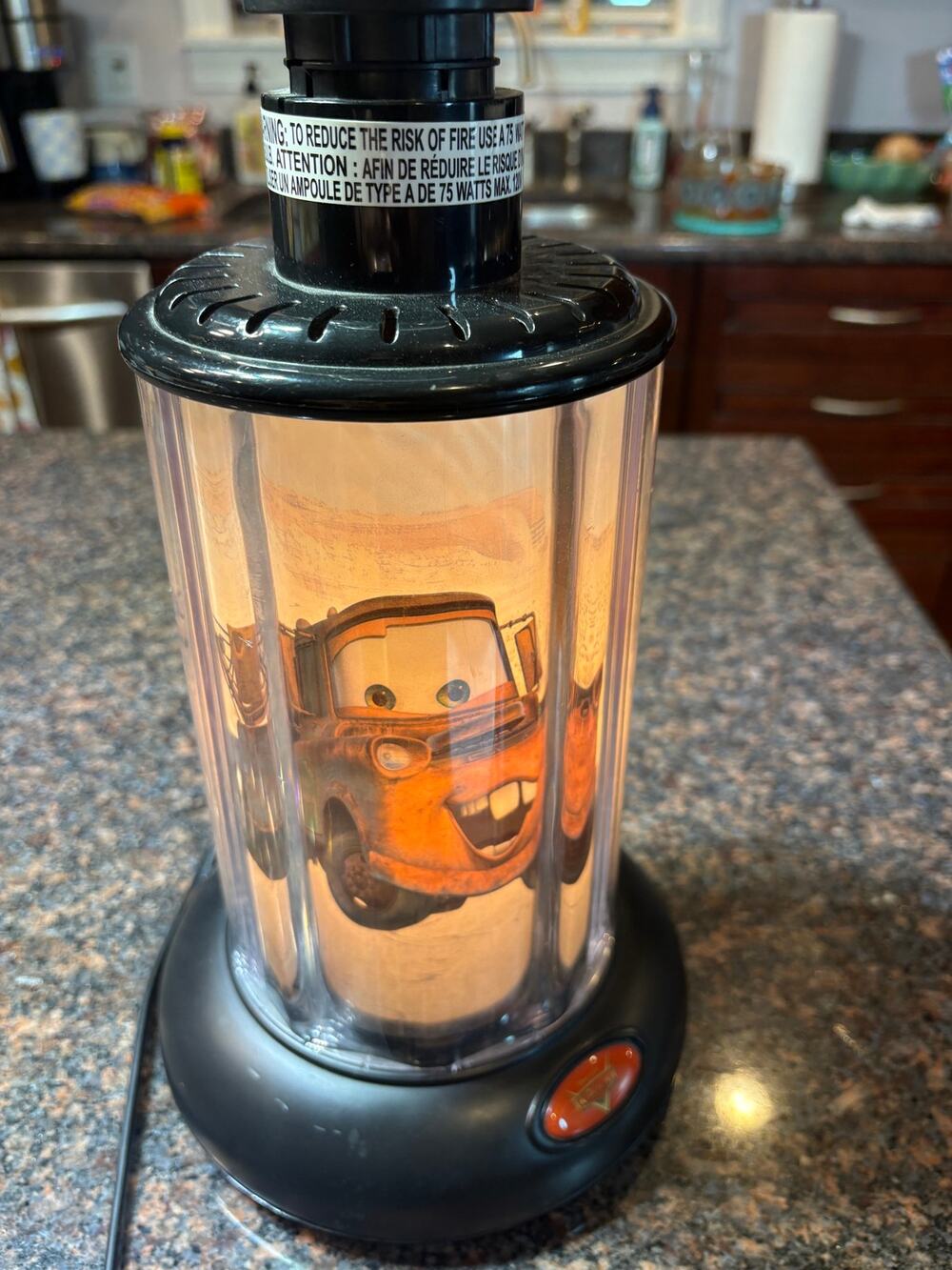 Disney Pixar Cars Lightning McQueen Tow Mater Lighted Cylinder Lamp No Shade